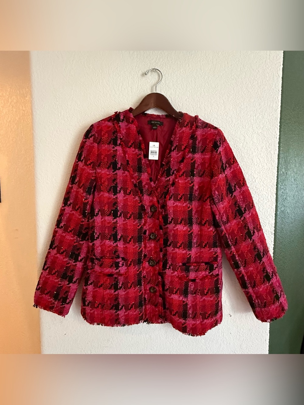 NWT Ann Taylor Womens Blazer Red Pink Tweed Houndstooth Size 4